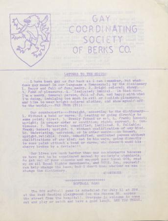Gay Coordinating Society of Berks County, Reading (GCS Berks) - July 1976