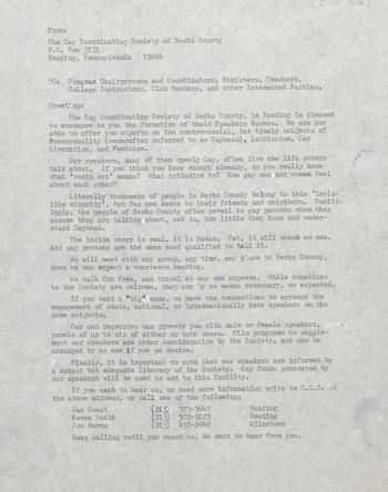 Gay Coordinating Society of Berks County, Reading (GCS Berks) Speakers Bureau Memo - circa 1976  