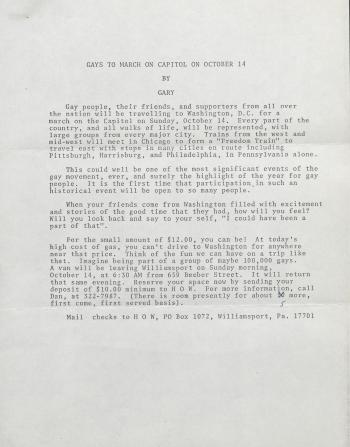 Gays to March on Washington Flyer - October 14, 1979