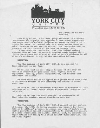 York City United Support for Mayor William J. Althaus - 1993 