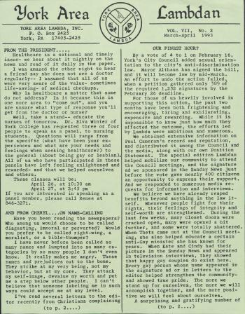 York Area LAMBDA Newsletter - March/April 1993