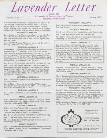 Lavender Letter (Harrisburg, PA) - January 1992