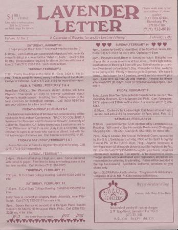 Lavender Letter (Harrisburg, PA) - February 1993