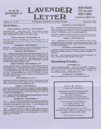 Lavender Letter (Harrisburg, PA) - September 2001