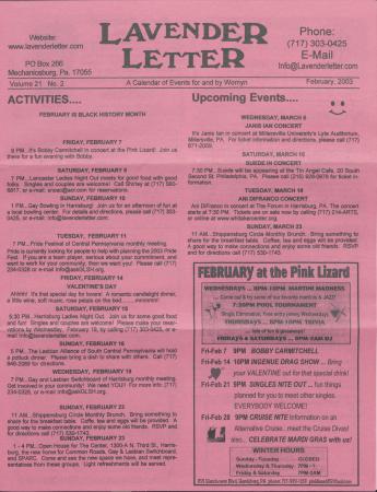 Lavender Letter (Harrisburg, PA) - February 2003