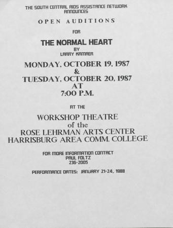 ''The Normal Heart'' Flyer for Open Auditions - October 19 and 20, 1987