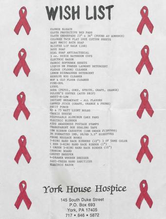 York Hospice House Wishlist - circa 1995
