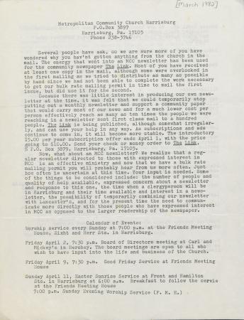 MCC Harrisburg Newsletter - March 1982