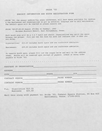 Pride '82 Exhibit Information Form - August 27 - 29, 1982 