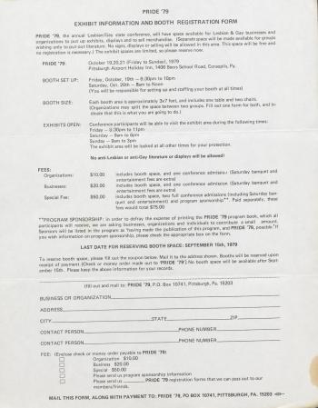 Pride '79 Exhibit and Sponsorship Forms - October 19 - 21, 1979