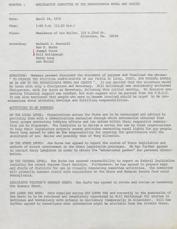 PA Rural Gay Caucus Legislative Committee Minutes - April 24, 1976