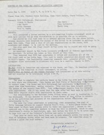 PA Rural Gay Caucus Legislative Committee Minutes - May 8, 1976