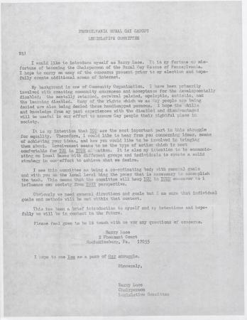 PA Rural Gay Caucus Legislative Committee Letter - August 11, 1976