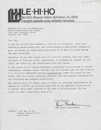 PA Rural Gay Caucus Letter - circa October 1976