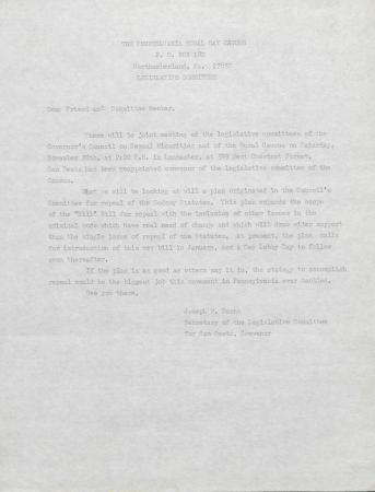 PA Rural Gay Caucus Legislative Committee Letter - November 1976