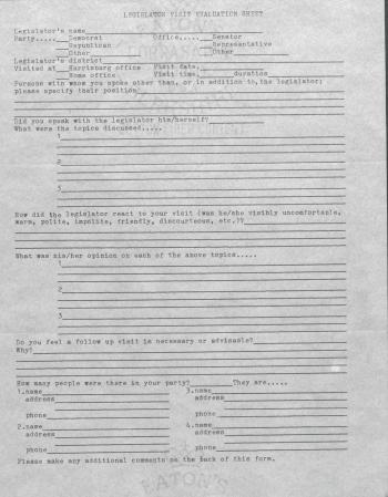 PA Rural Gay Caucus Legislator Visit Evaluation Sheet - 1976