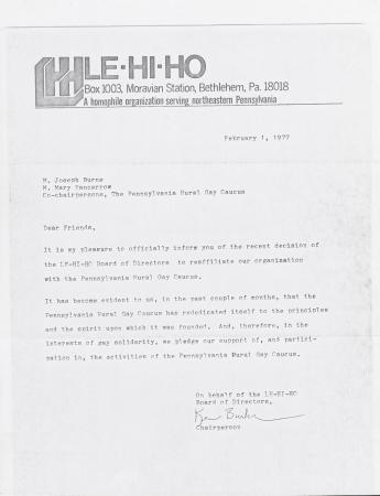 PA Rural Gay Caucus Letter - February 1, 1977