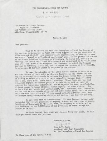 PA Rural Gay Caucus Letter - April 2, 1977