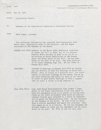 PA Rural Gay Caucus Legislation Report - May 25, 1976