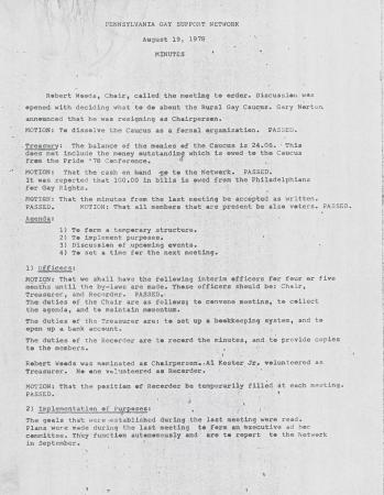 PA Rural Gay Caucus, Meeting Minutes - August 19, 1978