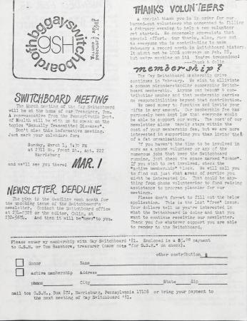 Gay Switchboard of Harrisburg (GSH) Newsletter - February 1981
