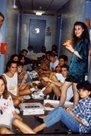 Pizza party in a dorm hallway, c.1995