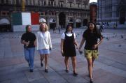 Four students at the Piazza Maggiore, 1996