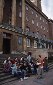 Student presentation outside Norwich Town Hall, 1995