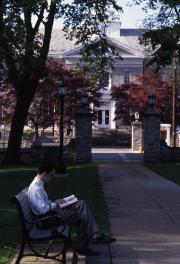 Student studying on the Academic Quad, 1992