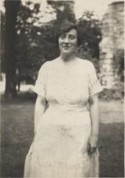 Julia Morgan in a white dress, c.1940