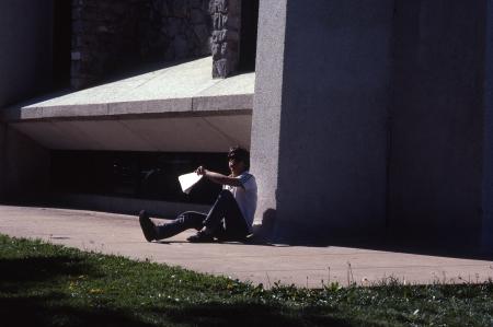 Student outside the Spahr Library, c.1982