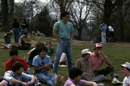 Students hang out on the grass, c.1983