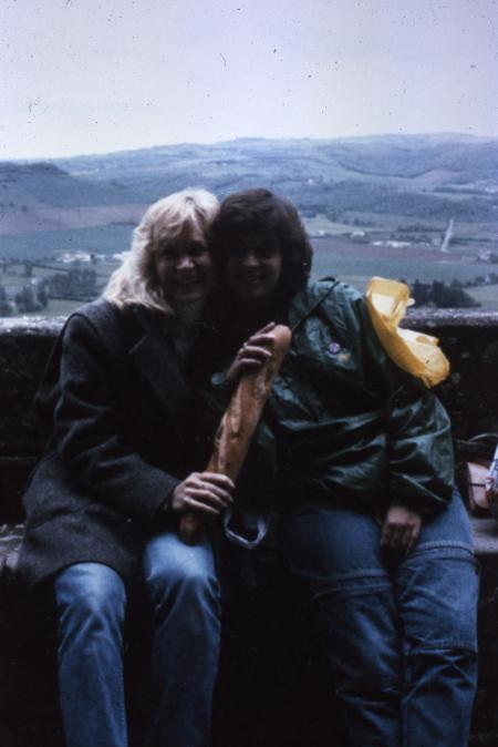 Abroad students pose with a baguette, c.1986