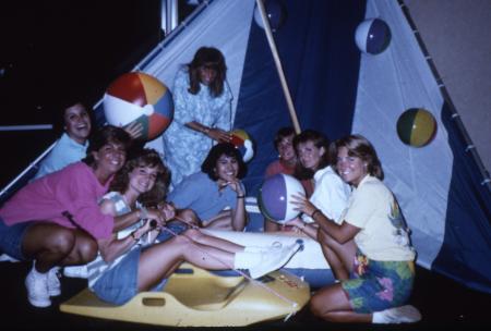 Friends play with beach balls, c.1986