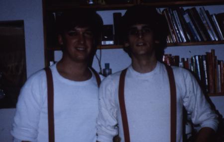 Two students in red suspenders, c.1986