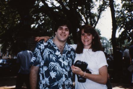 Two friends smile, c.1987