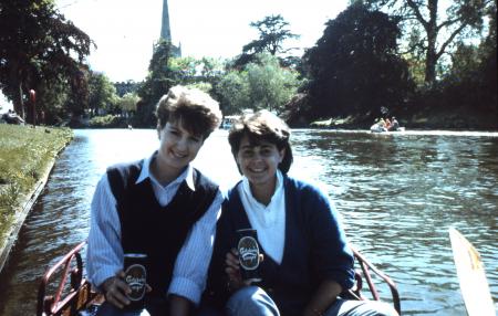 Two students smile in boat, c.1987