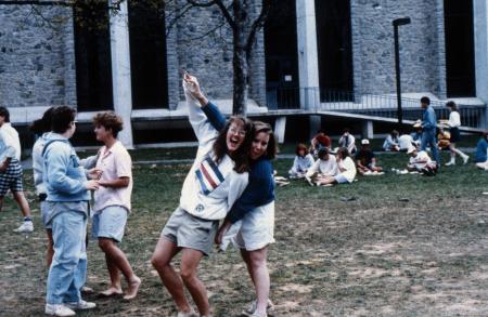 Students outside the Spahr Library, c.1989