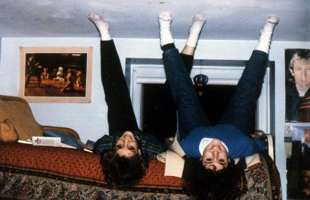 Two girls sit upside down for the camera, c.1990