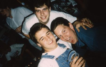Three friends at a social event, c.1992