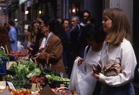 Students shop at a street market, 1994