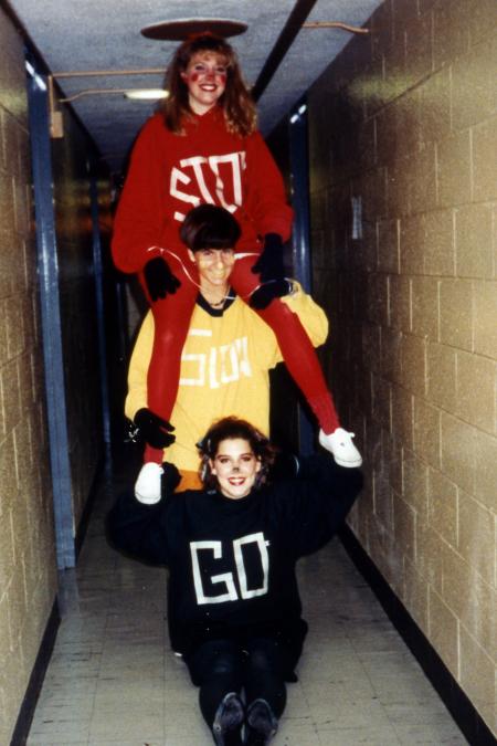 Three students as a stop-light for Halloween, c.1995