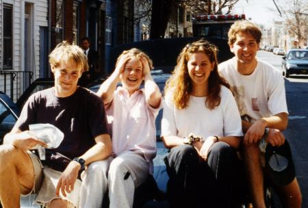 Students sit on a car hood, c.1995