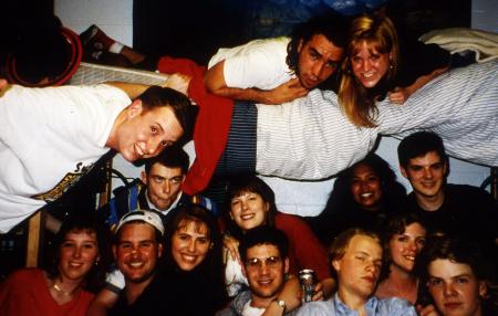 Friends hang out in a room, c.1995
