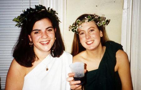 Two girls attend a toga party, c.1995