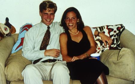 Two students sit on a couch, c.1996