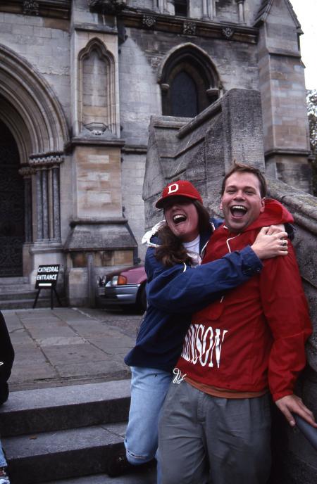 Two students outside the Cathedral of St. John the Baptist, 1995