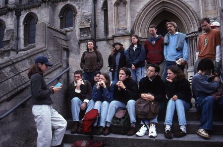 Students outside the Cathedral of St. John the Bapist, 1995