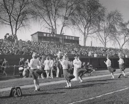Cheerleaders at Homecoming football game, 1952