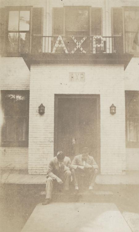 Two students outside the Alpha Chi Rho house, 1927